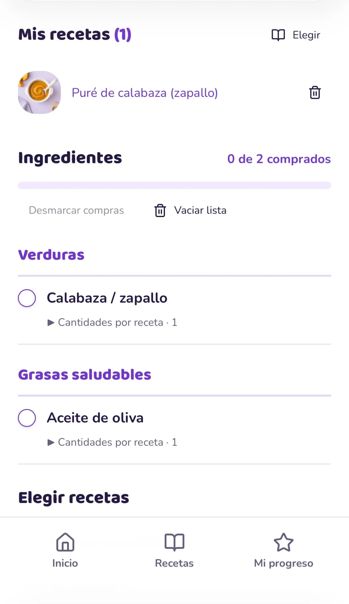 Pantalla de despensa con la receta seleccionada y la lista de ingredientes por comprar