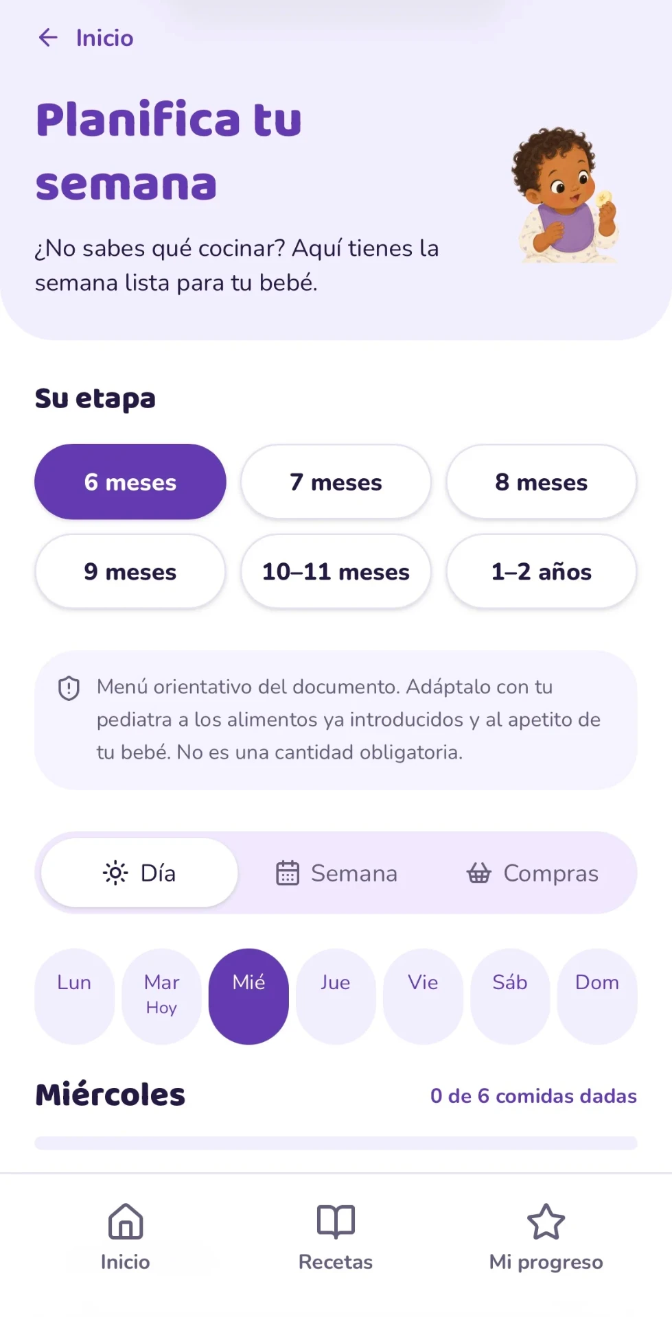 Pantalla del menú semanal con la elección de etapa, los días de la semana y el progreso del día
