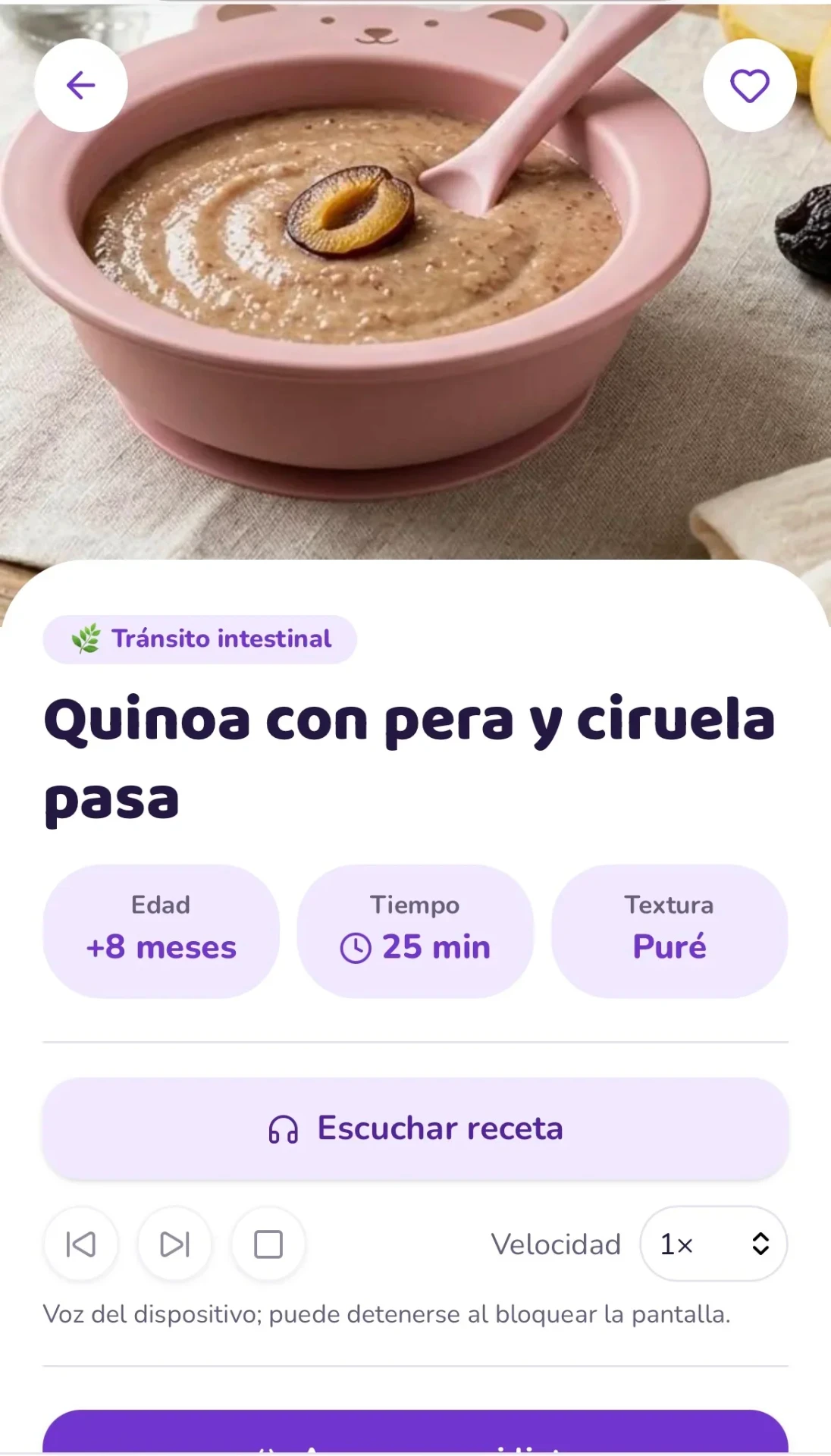 Ficha de la receta de quinoa con pera y ciruela pasa dentro de la aplicación