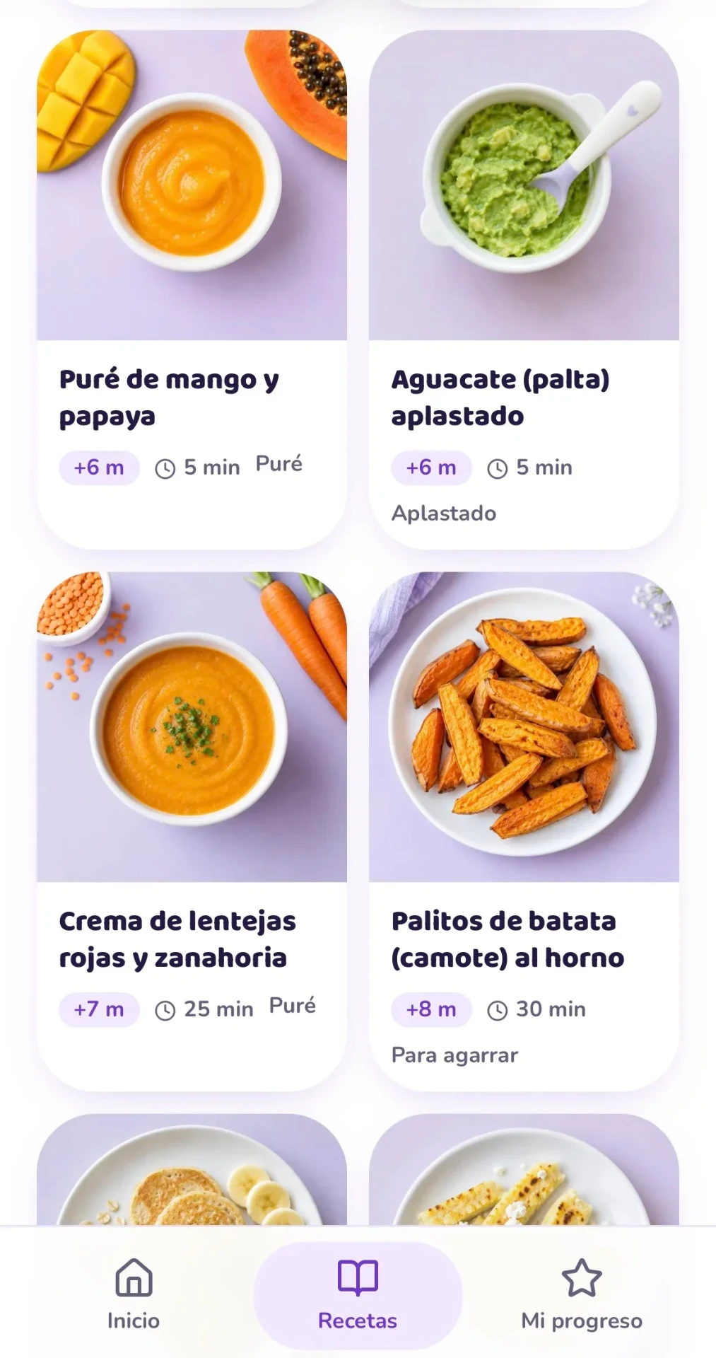 Pantalla de recetas de la aplicación con la cuadrícula de recetas y sus tiempos de preparación
