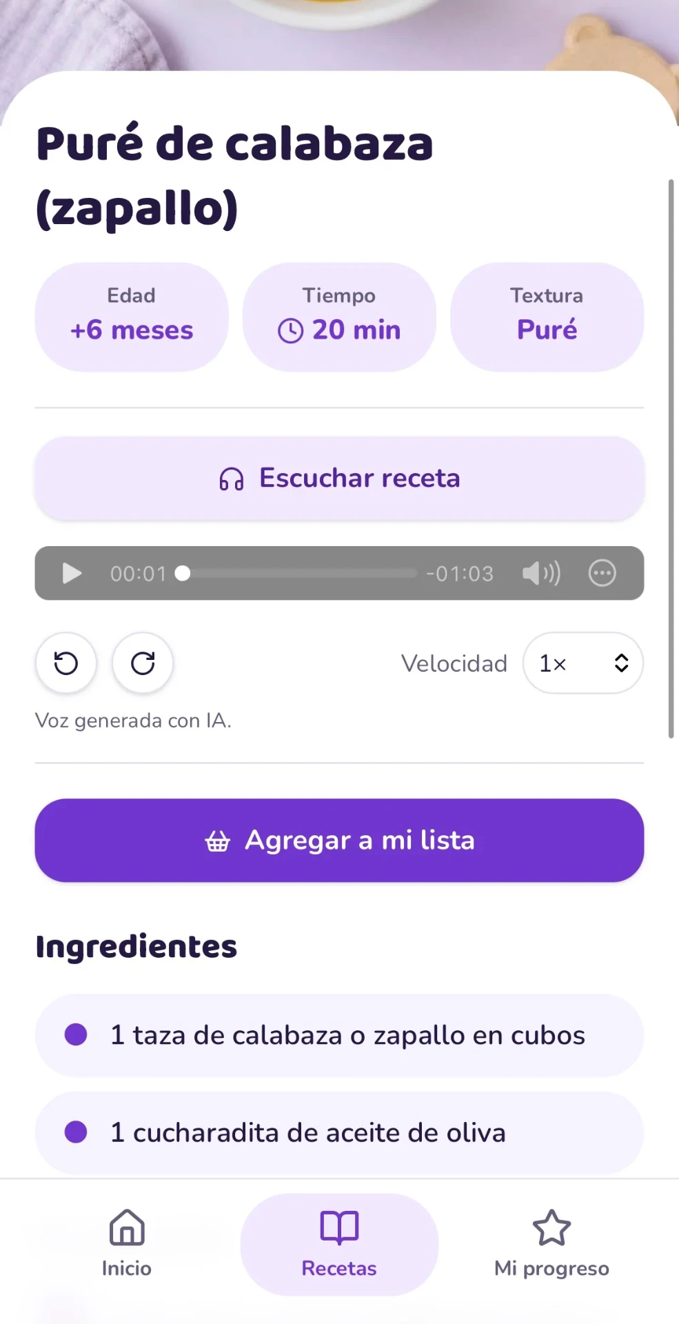 Ficha de la receta puré de calabaza con el reproductor de audio y la lista de ingredientes