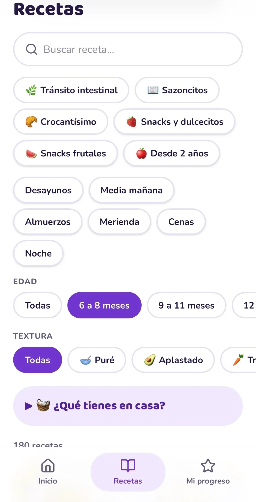 Pantalla de recetas de la aplicación con buscador, categorías del día y filtros por edad y textura